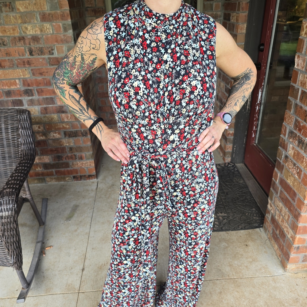 Free People Black and Red Floral Jumpsuit